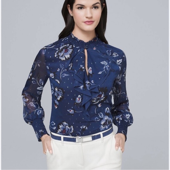 WHBM blue silver floral chiffon top M 10 - Picture 1 of 7